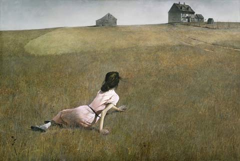 Painting by Andrew Wyeth titled 'Christina's World' depicting a vast and precidsely painted wheat field, a brown-haired white woman in a pink dress sits sideways on her left hip. Her back is towards us and she supports herself with her upper body, looking toward a grey house and barn on the horizon. The sky is overcast with a soft gradient of light gray.
