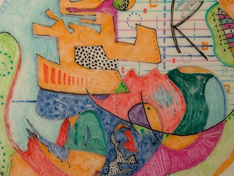 An abstract illustration on a white glass writeboard done in erasable marker