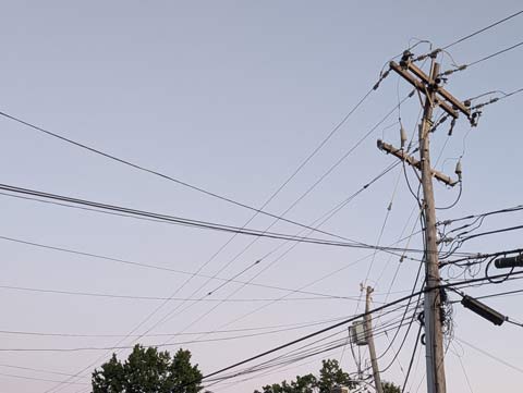 Utility poles with an abundance of wires attached to them.