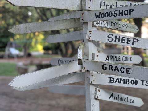 A group of white boards with place names in black letters painted on them, pointing in various directions