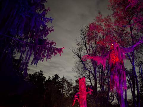 A halloween decoration, a figure towering above with arms outstretched menacingly, lit up in red and violet against a light grey night sky