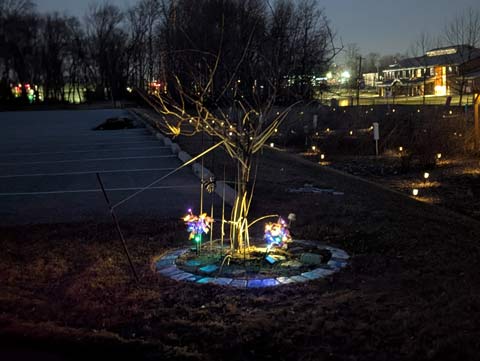 A small tree planted in a memorial garden, with a spotlight shining on it and two bouquets of colorful butterfly lights at it's base. The tree is surrounded by a circle of pavers, each painted with a positive message.