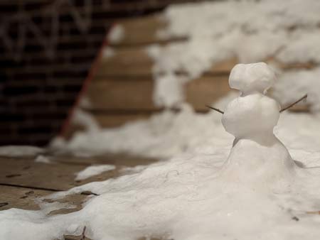 A mini-snowman standing on the seat of a wooden bench in front of a red brick wall