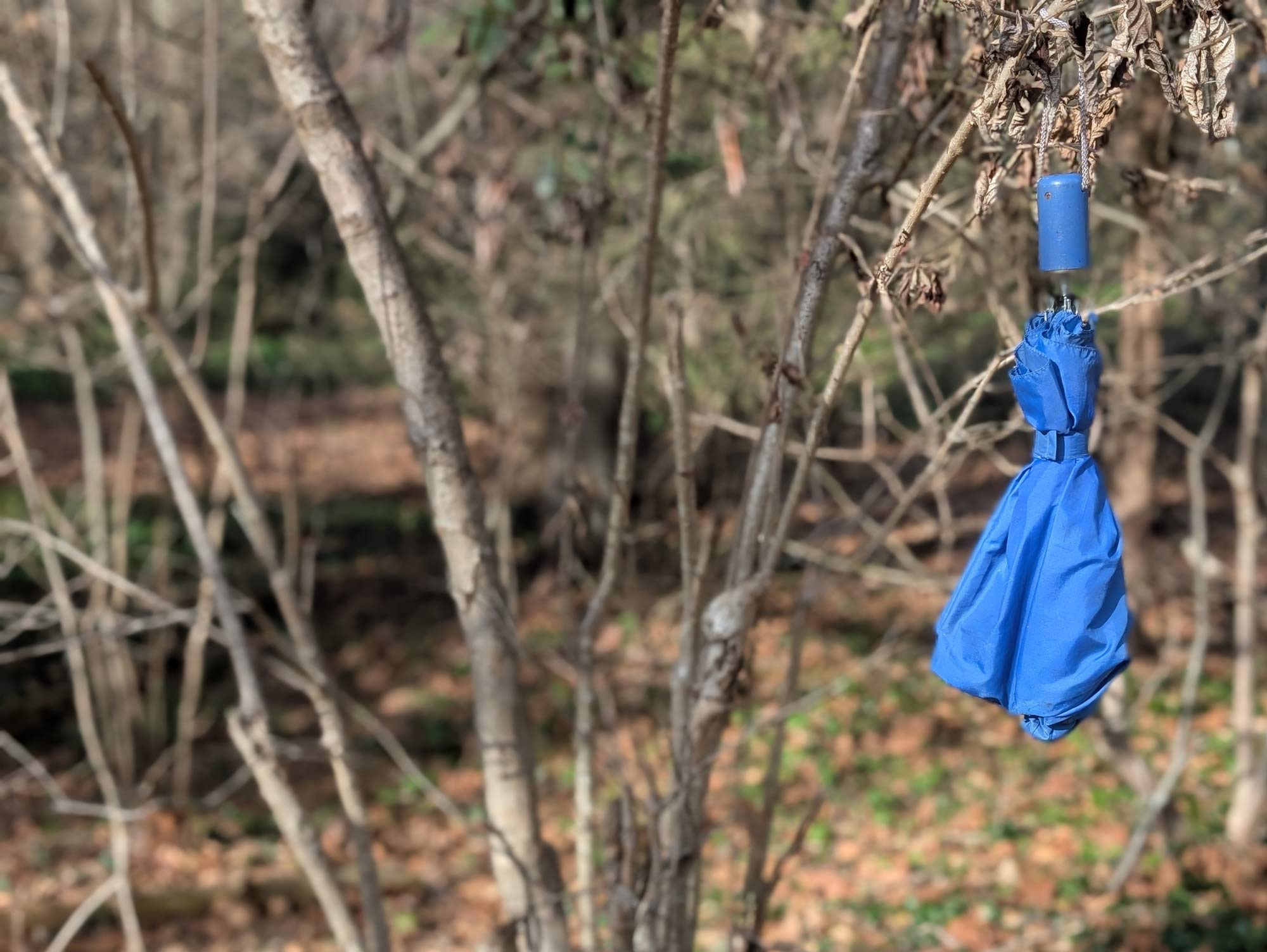 A closed blue umbrella, appearing to be flaoting in mid-air in front of a backdrop of a woody hill